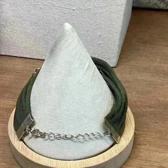 Green Leather with Silver Beads Multi Strand Bracelet - Picture 2 of 4